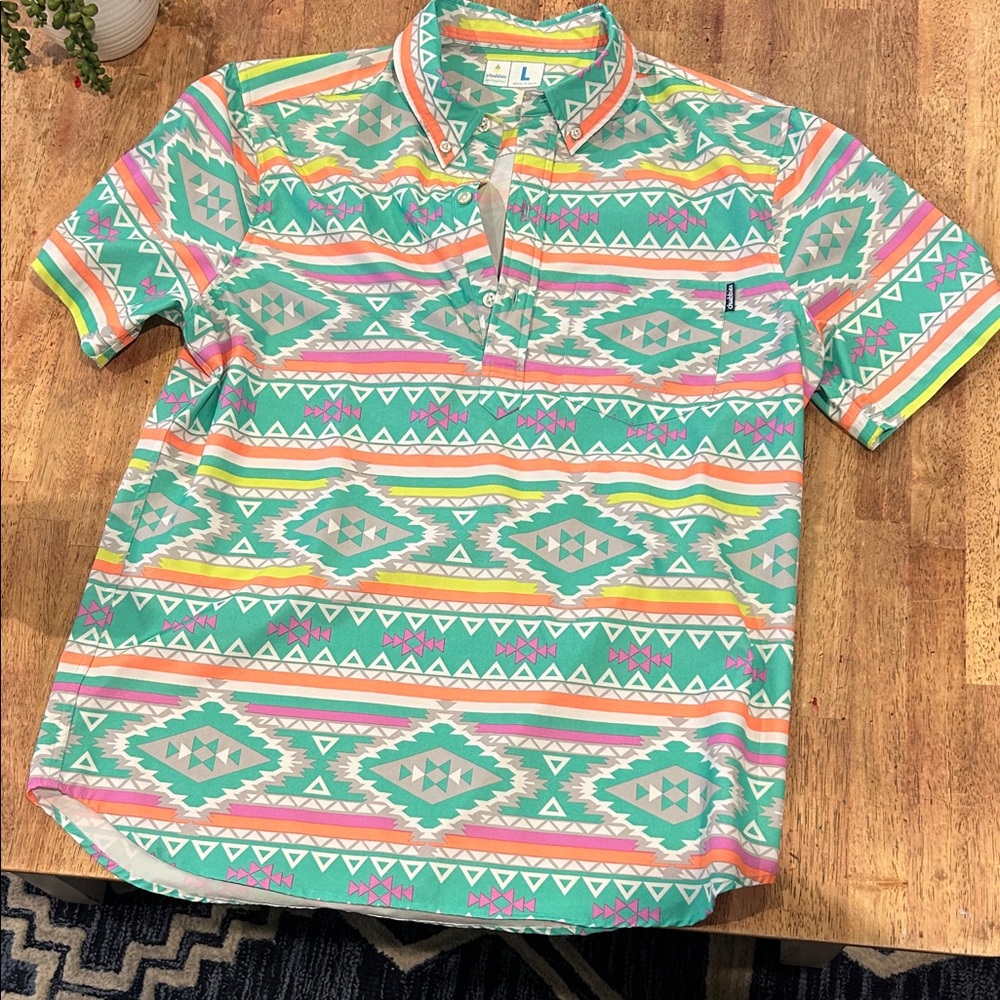 Chubbies “En Fuego” Green and Pink Geometric Polo w/ front pocket.